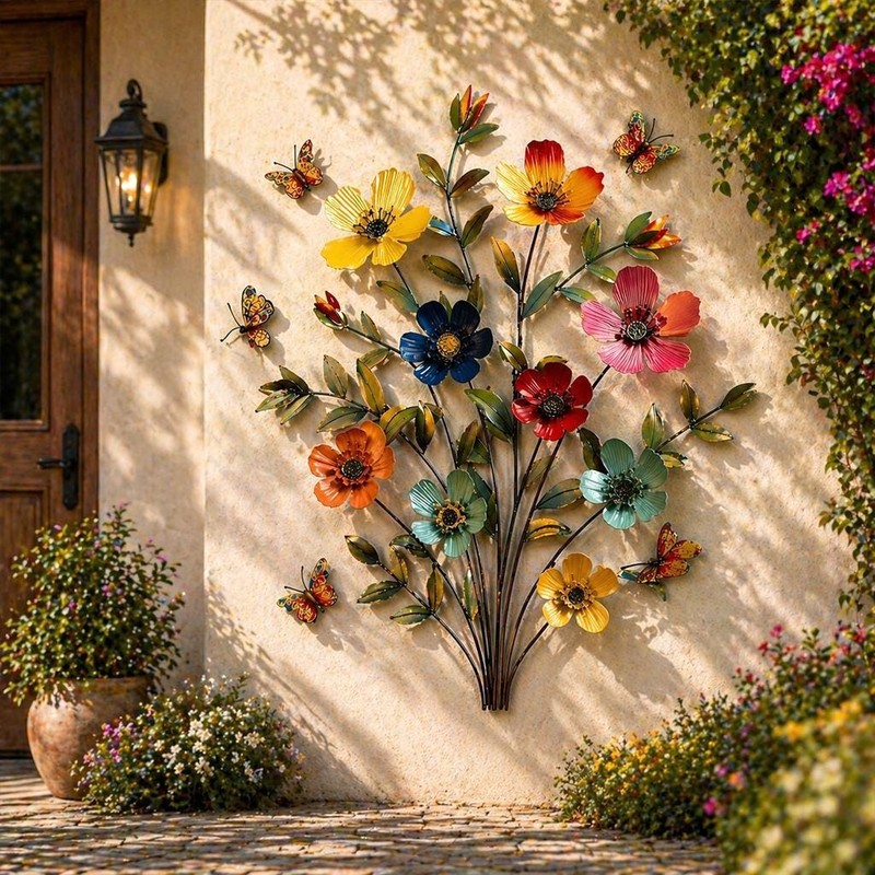 Colorful Floral Metal Wall Art, Butterfly Garden Metal Sign, Rustic Flower Decor