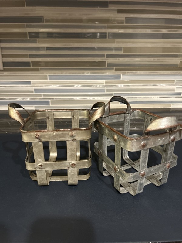 Set of Two Farmhouse Rustic Chippy Metal Small Basket Crates 4.5″ X 4.5″