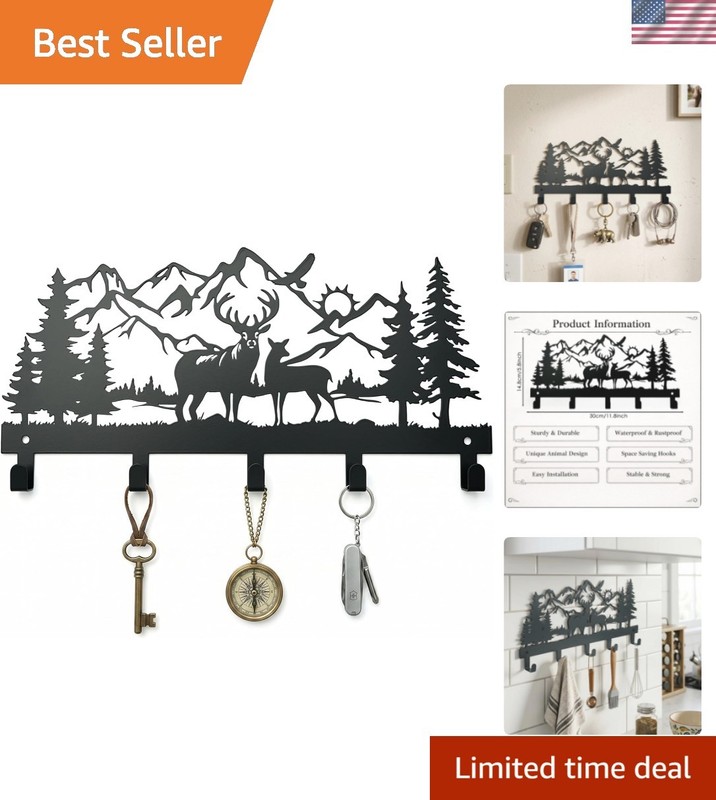 Metal Key Holder Wall Mount, Rustic Cabin Key Rack Hooks, Woodland Wildlife W…
