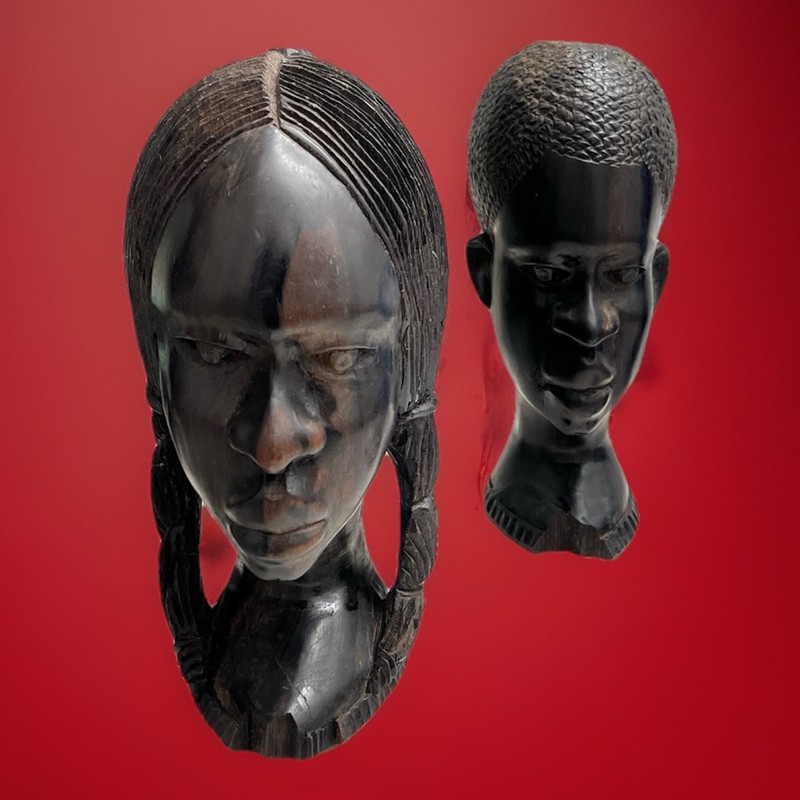 Pair Hand-Carved Wooden Bust Sculptures Male Female Figurative Art gallery