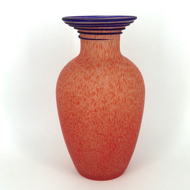 Badash Art Glass Vase Cobalt Blue Swirl on Mottled Frosted Red-Orange 9.75" H gallery