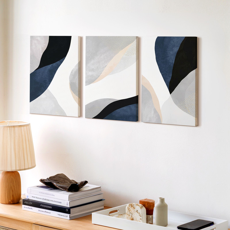 3 Pieces Abstract Geometric Neutral Blue Tones Large Wall Art Canvas Set Of 3 gallery