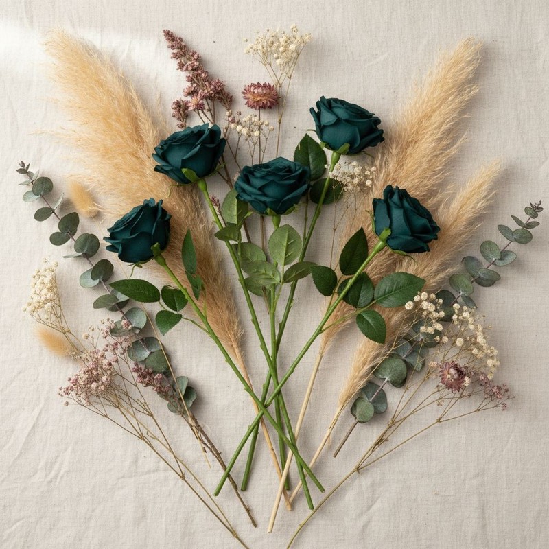 Set of 6 Dark Teal Green Artificial Rose Stems Peacock Teal Faux Roses Boho Wedd gallery