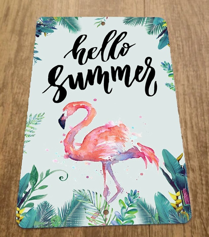 Hello Summer Pink Flamingo 8×12 Metal Wall Animal Sign