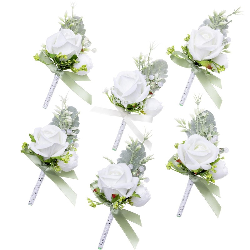 6 PCS White Boutonniere for Men Artificial Flowers Wedding Prom Homecoming