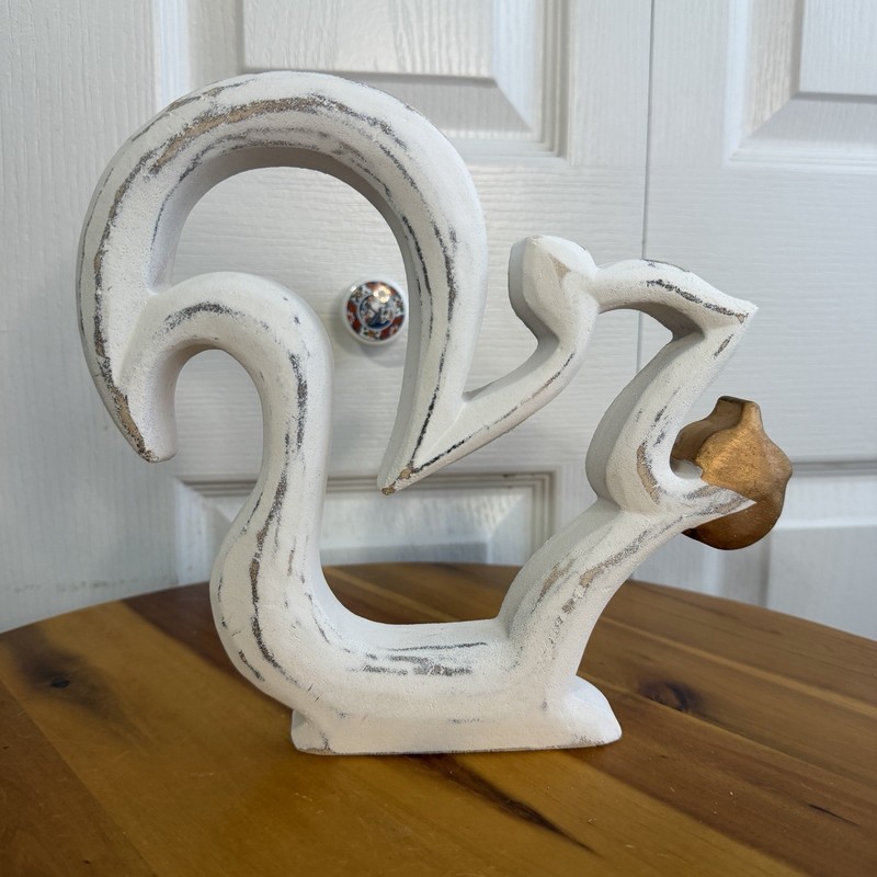 Wood Distressed Look White Squirrel Bronze Nut Free Standing Decor Cottage Farm