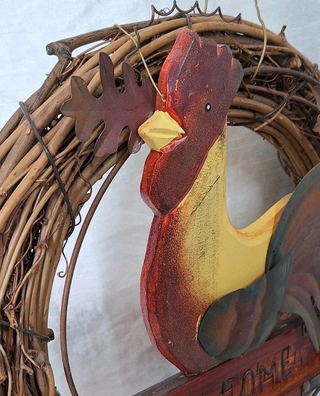 Metal & Wicker 3D Rooster "WELCOME" Hanging Wreath 13" Rustic Farmhouse Decor gallery