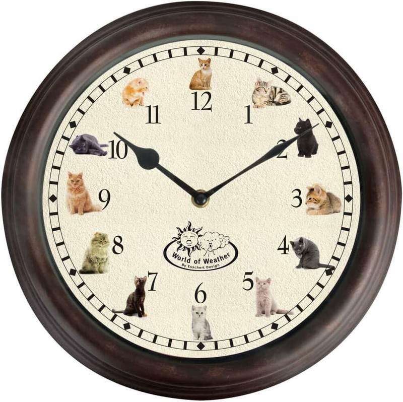 Esschert Design Cat Sounds Wall Clock - Round Battery Operated Meowing Cat Clock