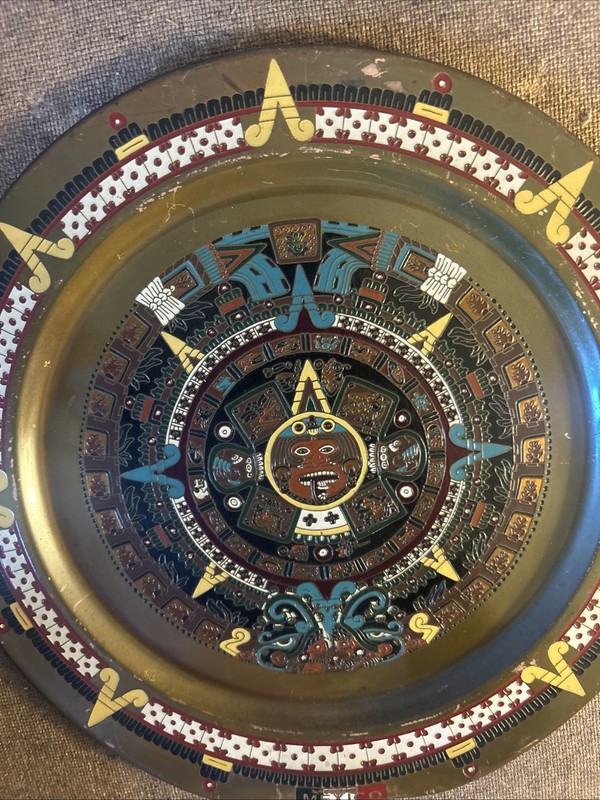 Vintage Brass Aztec Sun Stone Calendar Wall Plate Enamel Hand Painted 11” Mexico gallery
