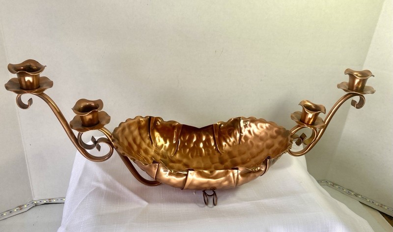 Vintage Gregorian Copper Centerpiece Bowl w 4 Candle Holders Vintage 10 in