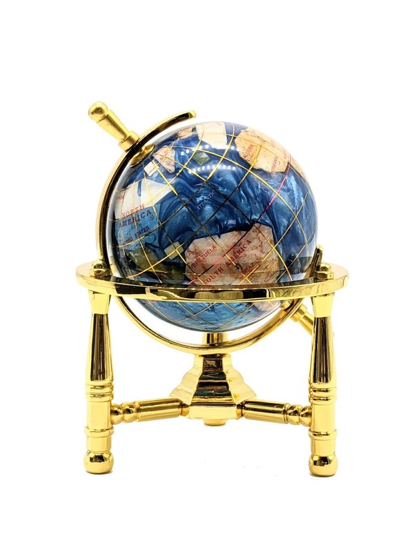 Unique Art 6-Inch Mini Bahama Blue Pearl Gemstone World Globe with Gold Tripod