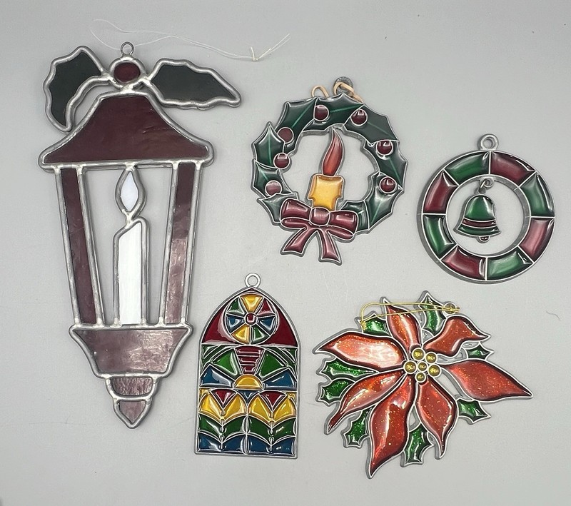 Vintage Christmas Holiday Suncatcher Lot of 5 Stained Glass Metal Plastic