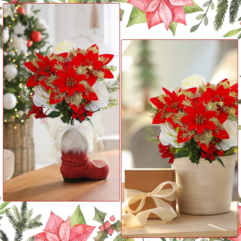 4 Pack 13.8 Inch Faux Velvet Poinsettia Carnation Berry Xmas Bush for Indoor Out gallery