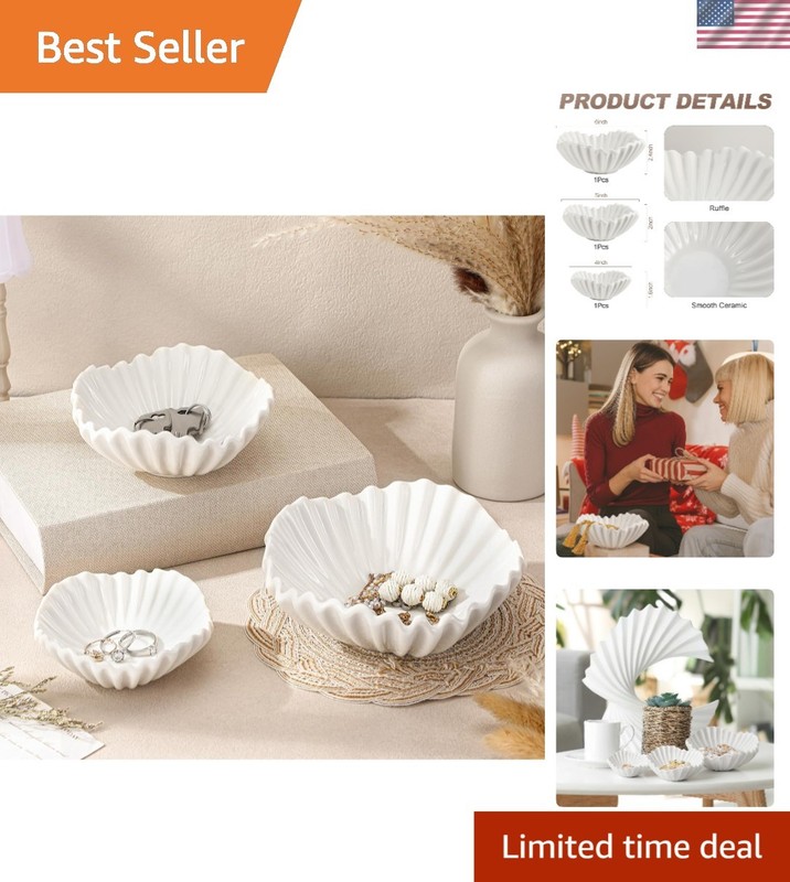 Stylish 3-Pc Ceramic Ruffle Bowl Set – Decorative Centerpiece for Any Occasion