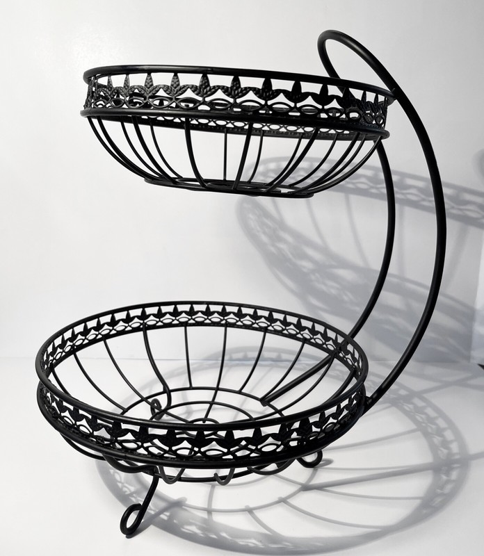 2-Tiered Black Metal Fruit Basket, 13″ Tall, Baskets 10″ and 8.5″ Diameter