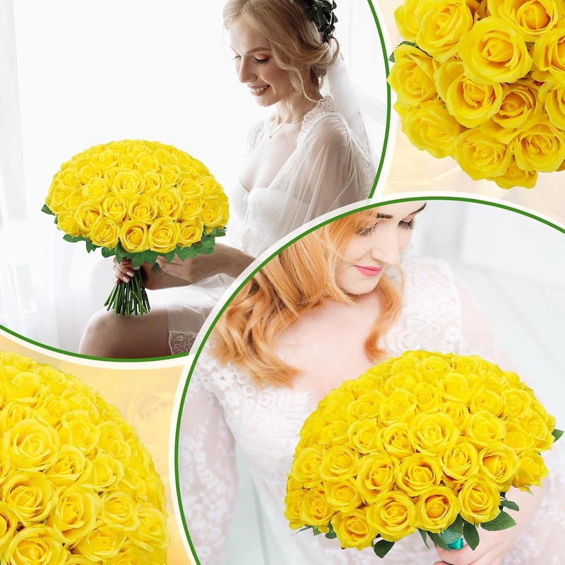 72 Pcs Artificial Roses Yellow Fake Silk Roses Realistic Roses Faux Flower gallery