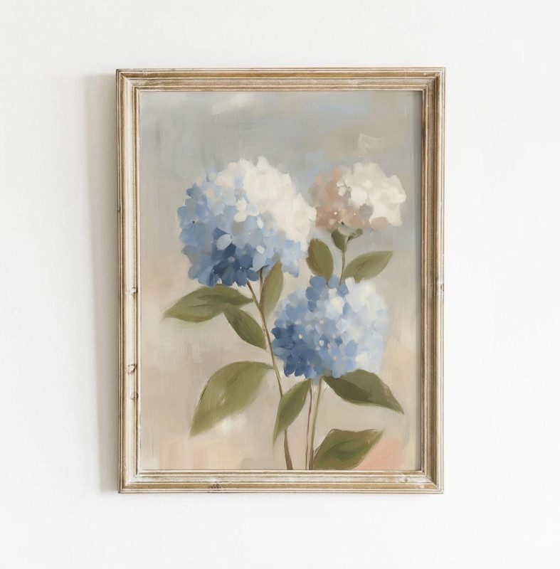 Vintage Blue Hydrangea Poster French Country Cottagecore Floral Wall Art