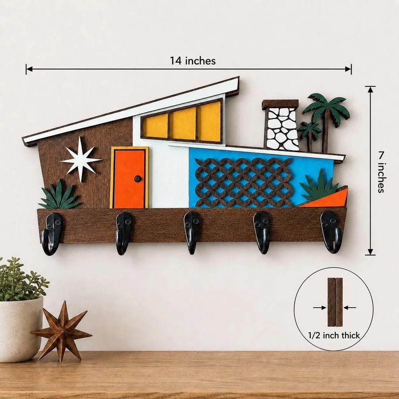 Mid Century Modern Key Holder- Wall Coat Rack- Retro House- 5 Hooks -MCM Decor gallery