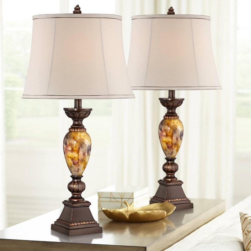 Mulholland Traditional Vintage Table Lamps 30" Tall Set of 2 Aged Bronze Marblei