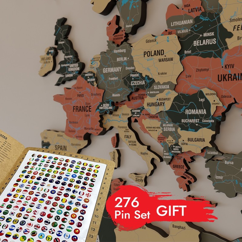 3D Wooden World Map Wall Art Wood Wall Decor Travel Map with Push Pins