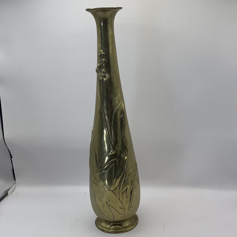 Vtg Brass Vase Applied Leaves Foliage 11 1/2 In tall Boho retro