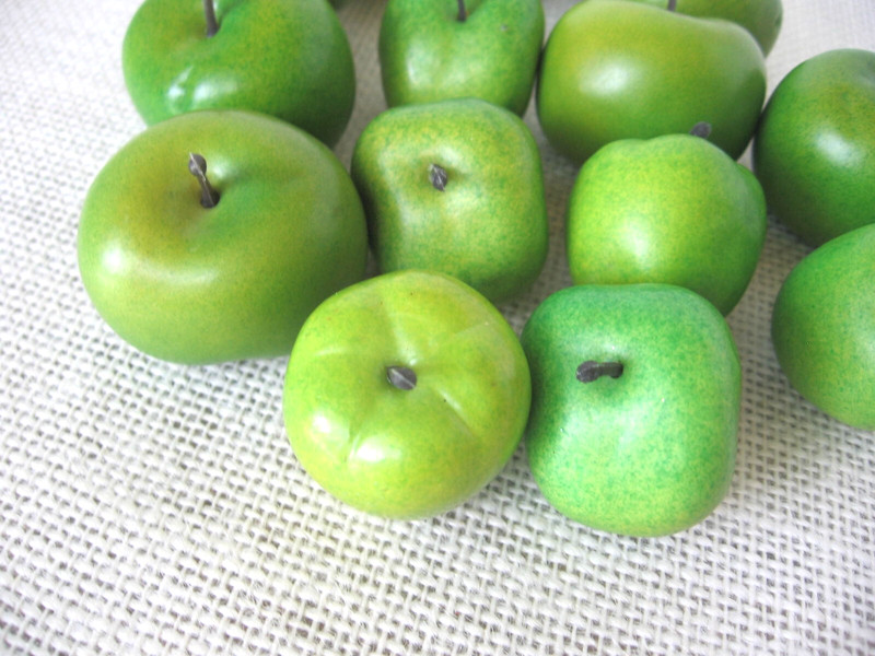 15 Small Faux Green Apples Bowl Basket Fillers Crafting Plastic with Stems gallery