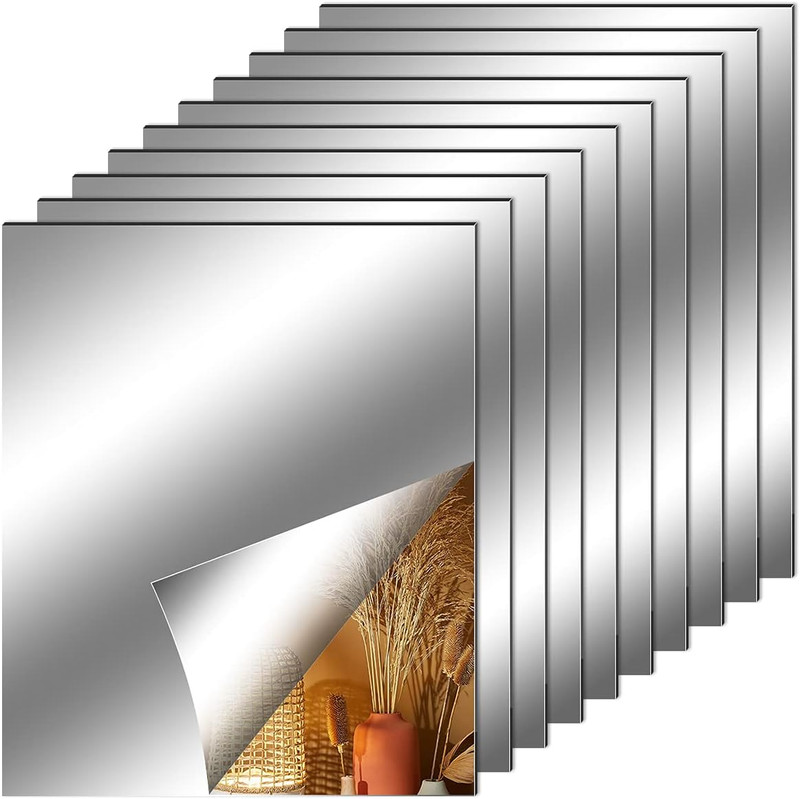 Sheets Mirror Plastic Flexible Self Adhesive Decorative Tiles Non-Glass 10Pieces