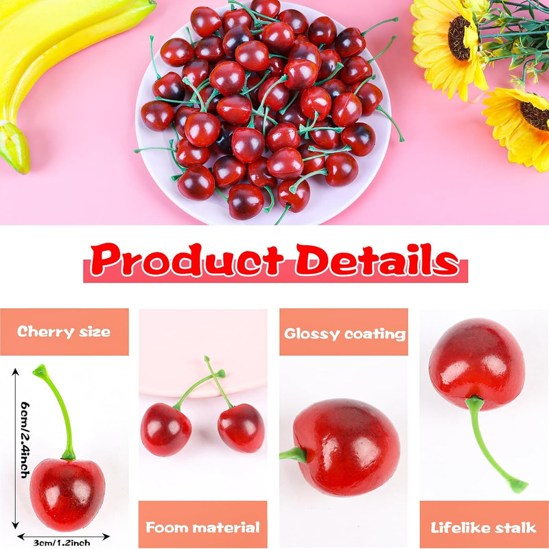 50Pcs Artificial Fruit Cherries,Lifelike Fake Cherry Simulation Decor for Home D gallery