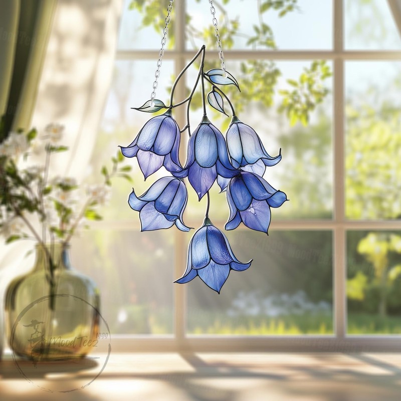 Blue Bell Flower Acrylic Window Hanging: Elegant Botanical Decor