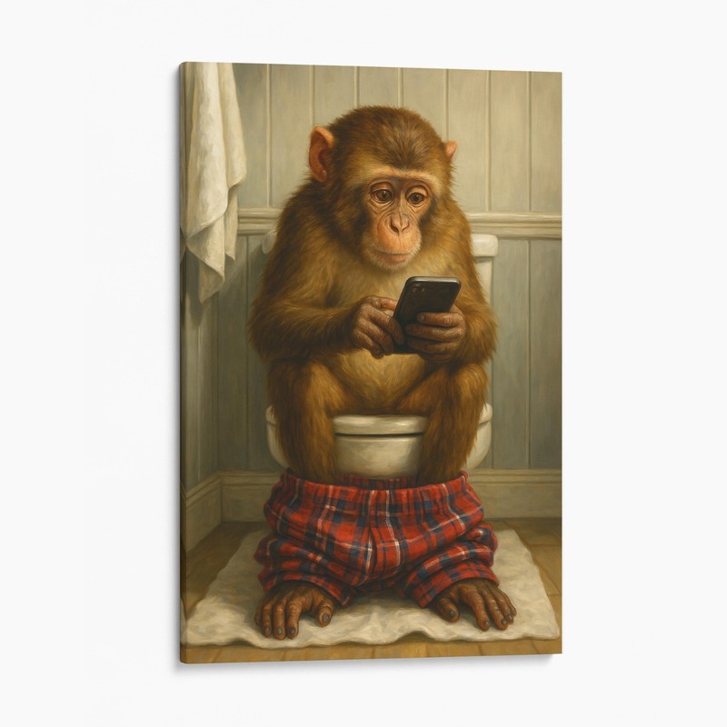 Monkey On The Phone On The Toilet Funny Animal Canvas Wall Art Print gallery