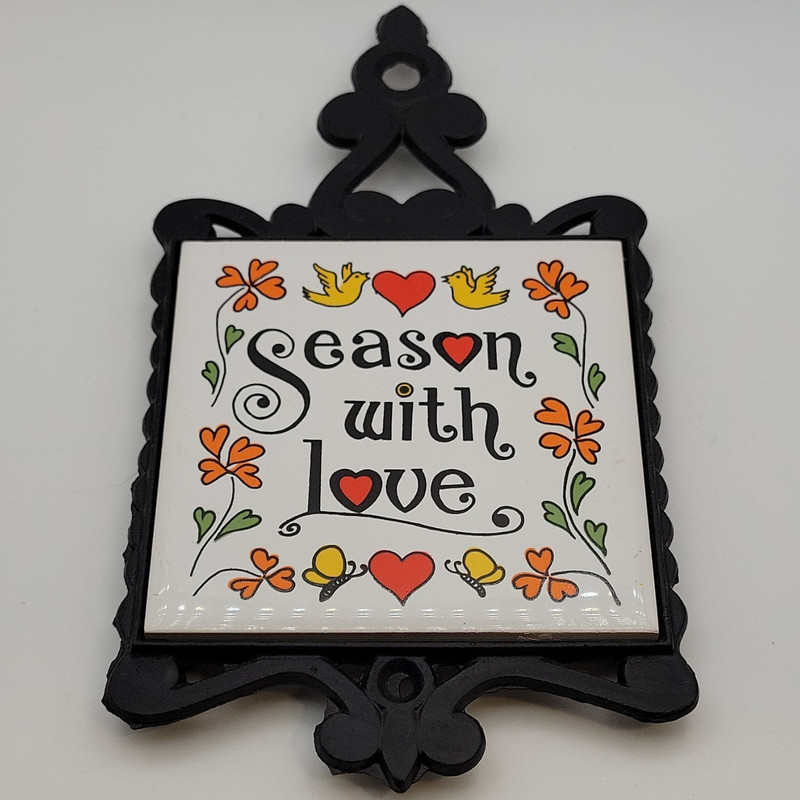 Kitchen Trivet with Ceramic Tile Black Cast Iron Season with Love Vintage