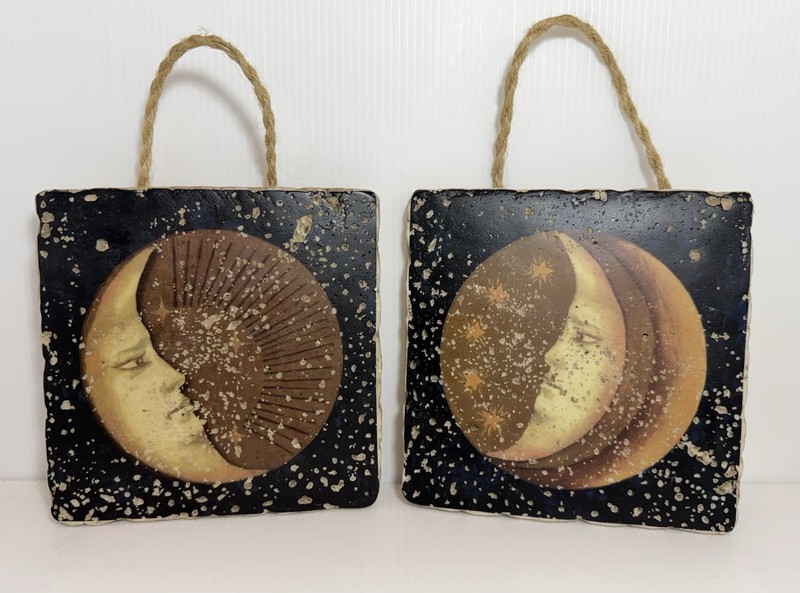 2 Vintage 1990’s Mary Beth Zeitz 6×6” Sun & Moon Celestial Wall Art Tiles RARE