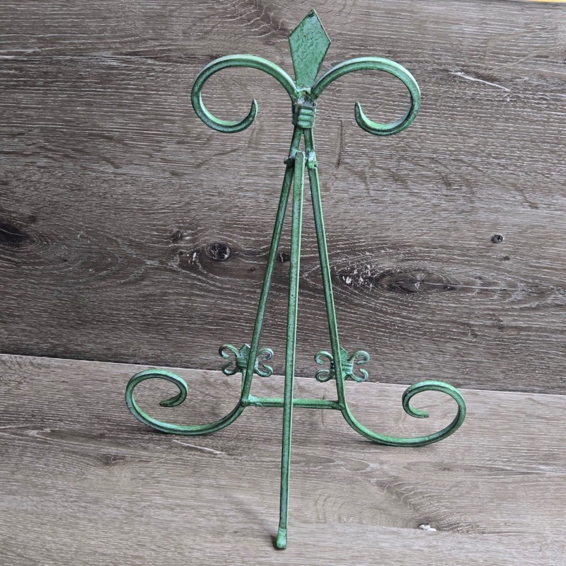 Vintage Fleur De Lis Metal Easel Stand Verdigris Green Patina Plate Display 16" gallery