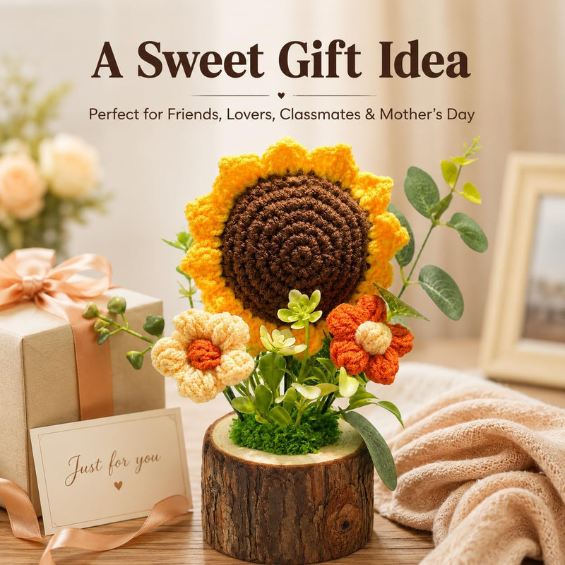 Handmade Crochet Knitted Sunflower Bouquet Creative Knitted Potted Plant Mini... gallery