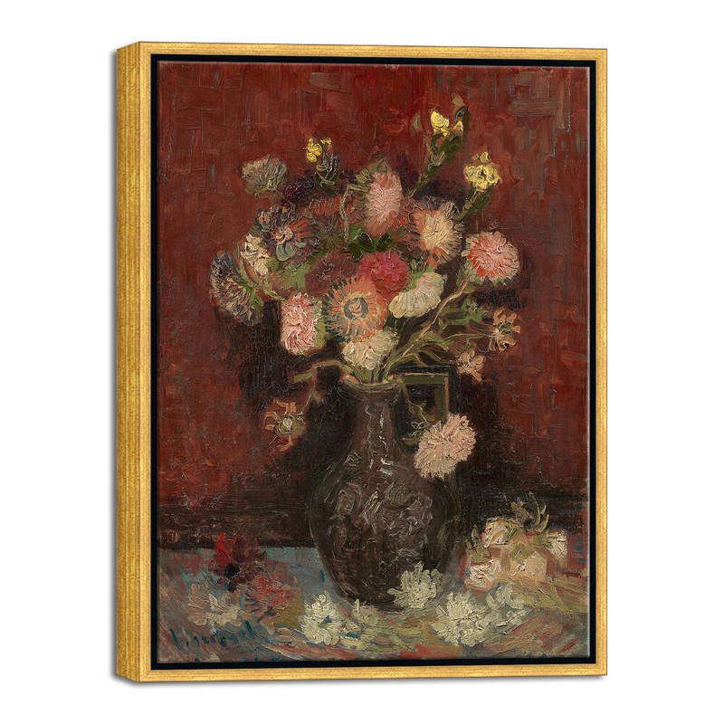 Framed Art Vase with Chinese Asters and Gladioli by Van Gogh Bronze Gold Frame