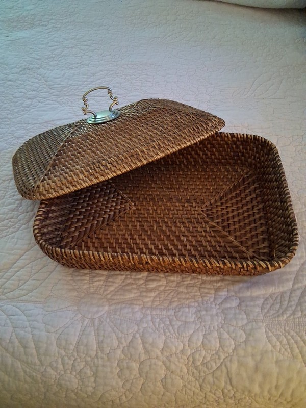 Woven Wicker Container (Casserole) With Cover With Silver Handle 14 X 9 1/2