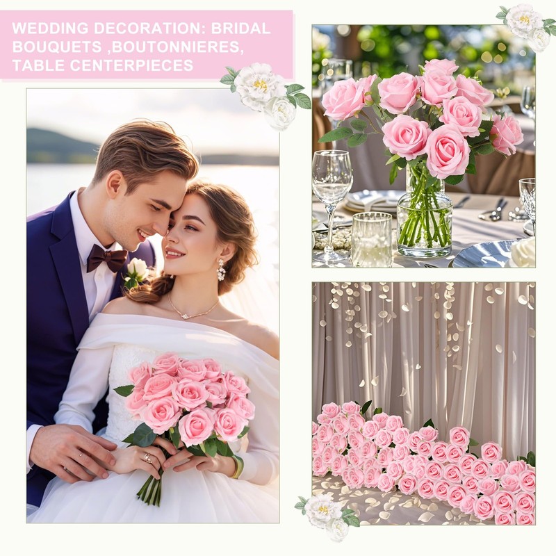 Artificial Roses Bulk Pink Silk Rose with Stem, 52pcs Fake Flowers Decoration... gallery