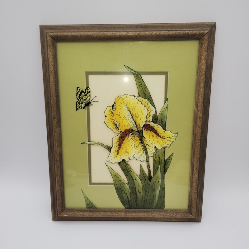 VTG Reverse Painted Glass yellow Flowers & Butterfly frame art picture