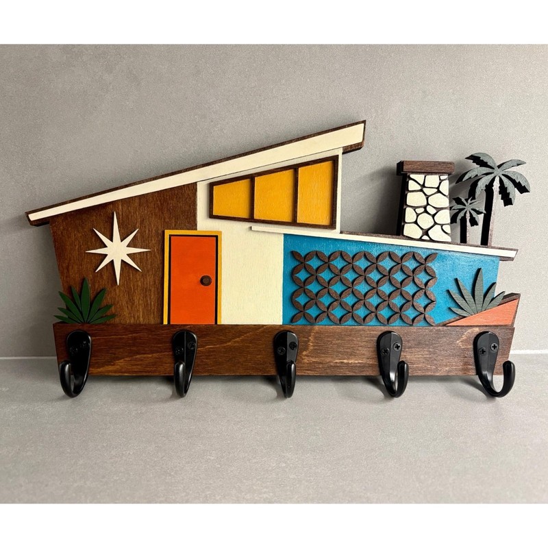 Mid Century Modern Key Holder- Wall Coat Rack- Retro House- 5 Hooks -MCM Decor gallery