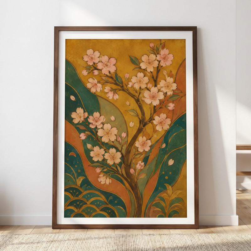 Vintage Cherry Blossom Nouveau Poster Gold Floral Japanese Wall Art Decor Print