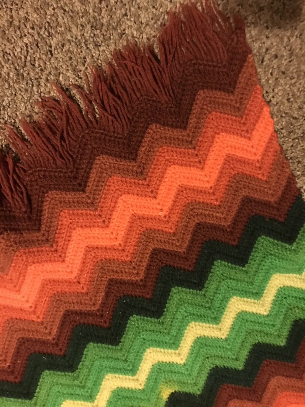Vintage Handmade Afghan Lap Blanket Multicolor Chevron w/Fringe Edge ~ 30" X 50" gallery
