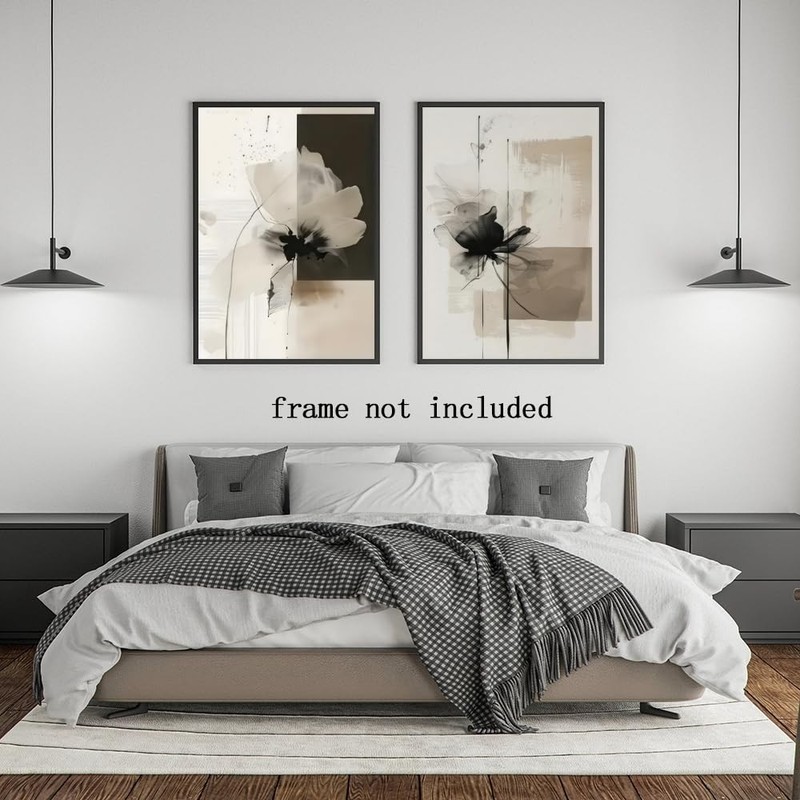 Minimalist Abstract Floral Wall Art Prints Set of 2 Neutral Beige Black Flowe... gallery