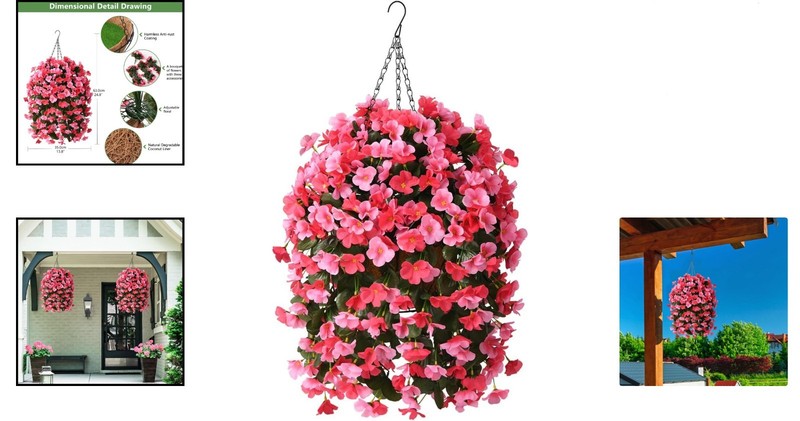 Low Maintenance Hanging Flower Basket - 4 Silk Begonias for Outdoor Elegance gallery