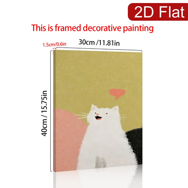 Minimalist White Cat with Pink Heart Canvas Wall Art, Cute Pastel Home Decor