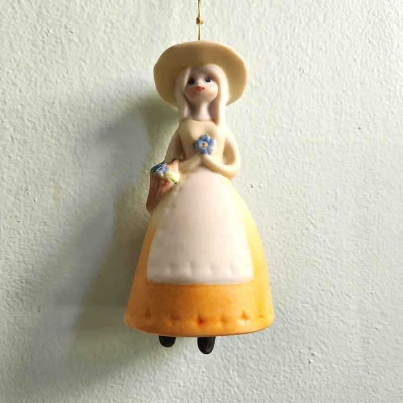 Vintage Ceramic Bell Figurine Girl with Hat and Flower Basket Hanging Ornament gallery