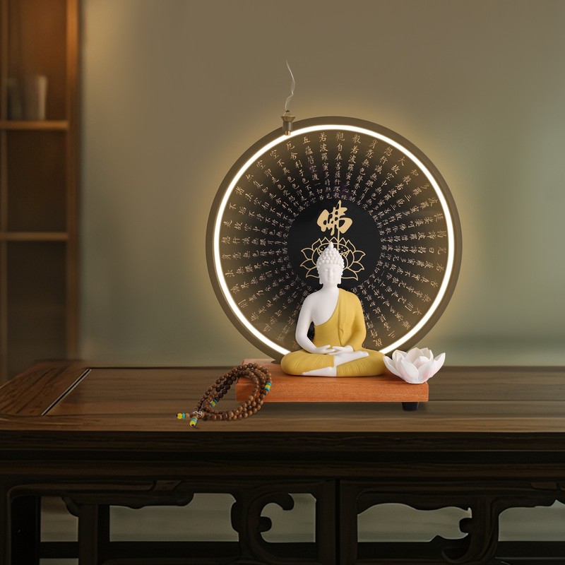 Buddha Statue Decoration, Ceramic Buddha Statue with Circle LED Lamp for Home gallery