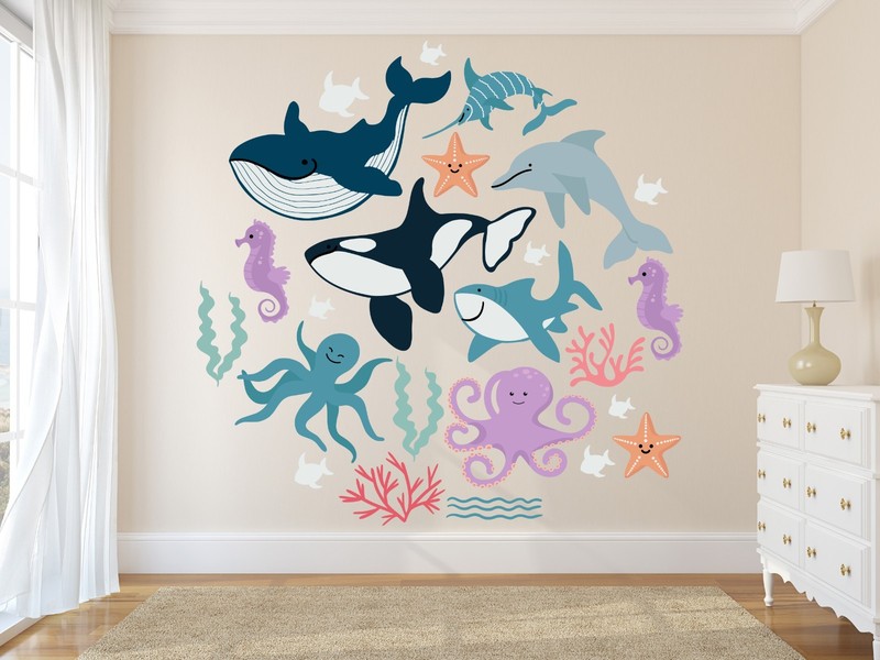 Sea Life Wall Decal Vinyl Mural – Ocean Animals Sticker for Kids Room Decor M-58