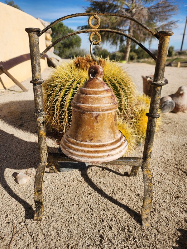Large Rustic Clay Hanging Bell w Wrought Iron Stand Clapper Mission Southwestern gallery