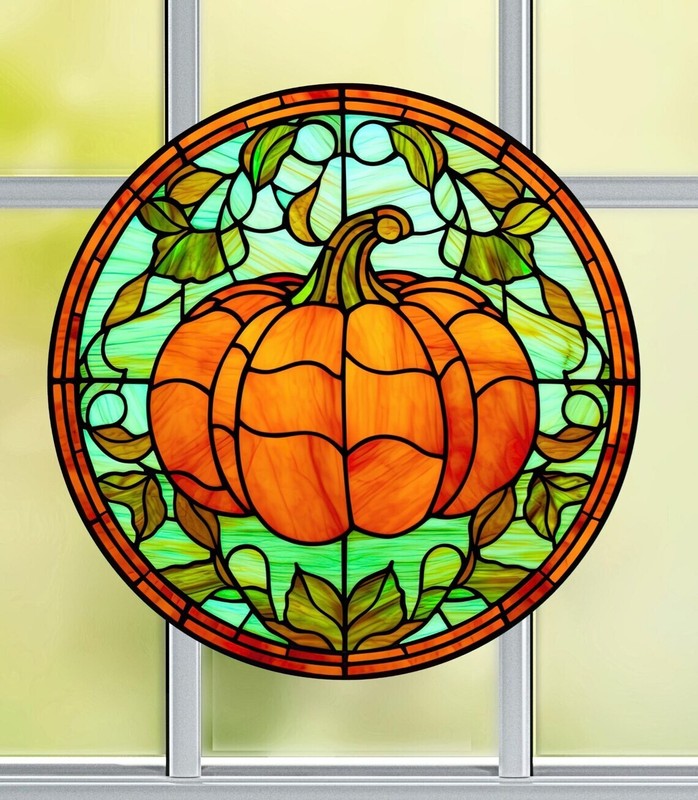Fall Pumpkin Faux Stained-Glass WINDOW CLING Size 8″ Round Vinyl