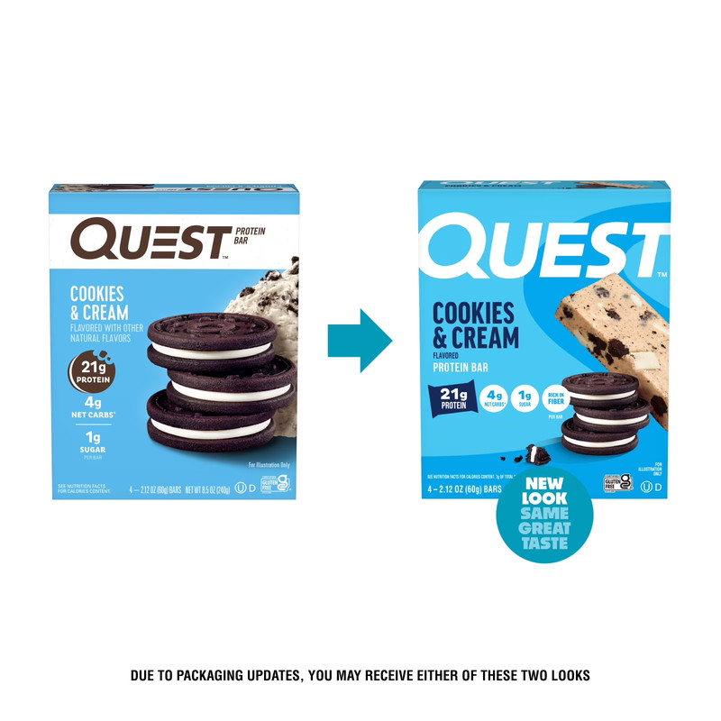 Quest Protein Bar, Cookies & Cream, 21g Protein, Gluten Free, 4 Count
